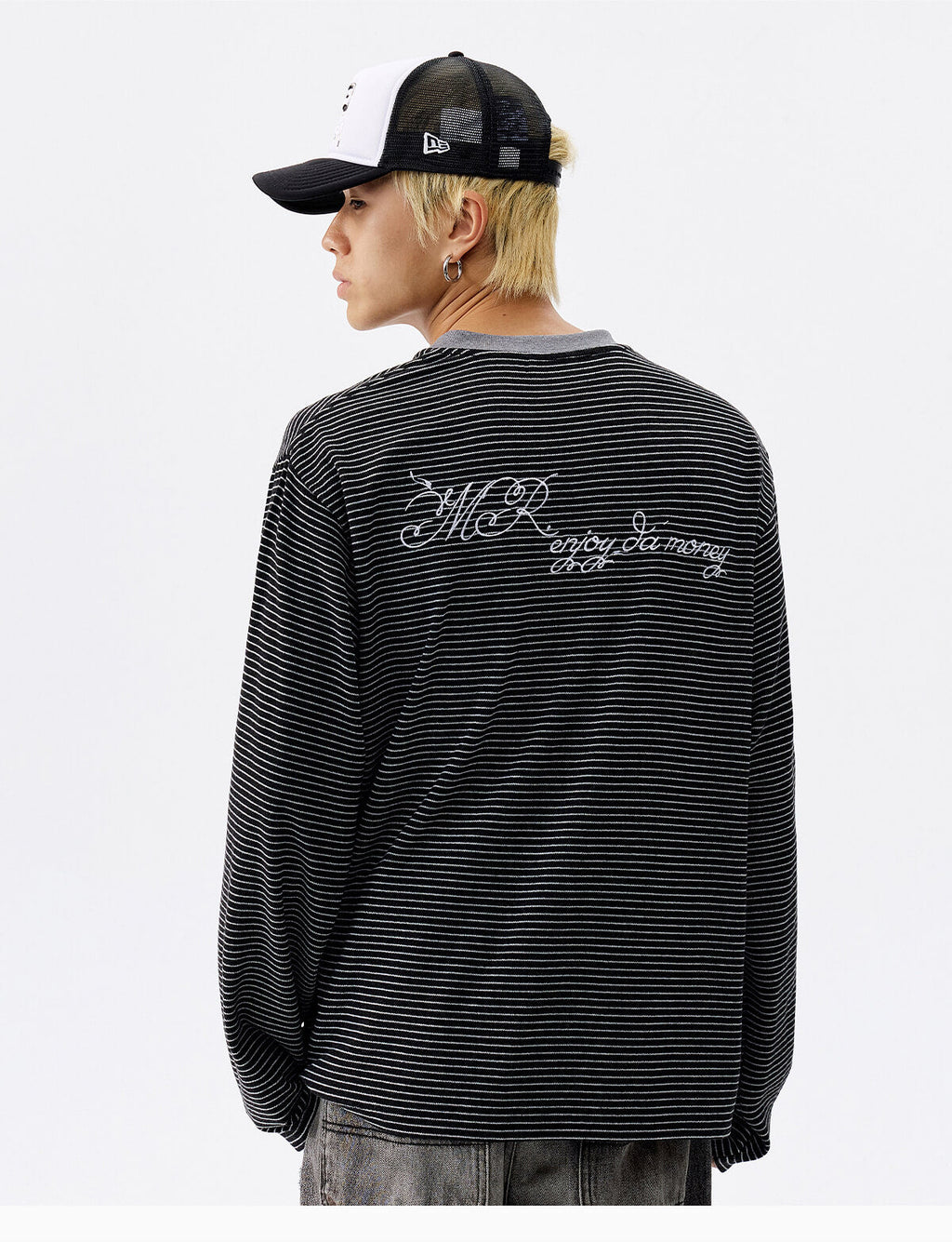MEDM Rose Embroidered Striped Henley Long Sleeve Tee