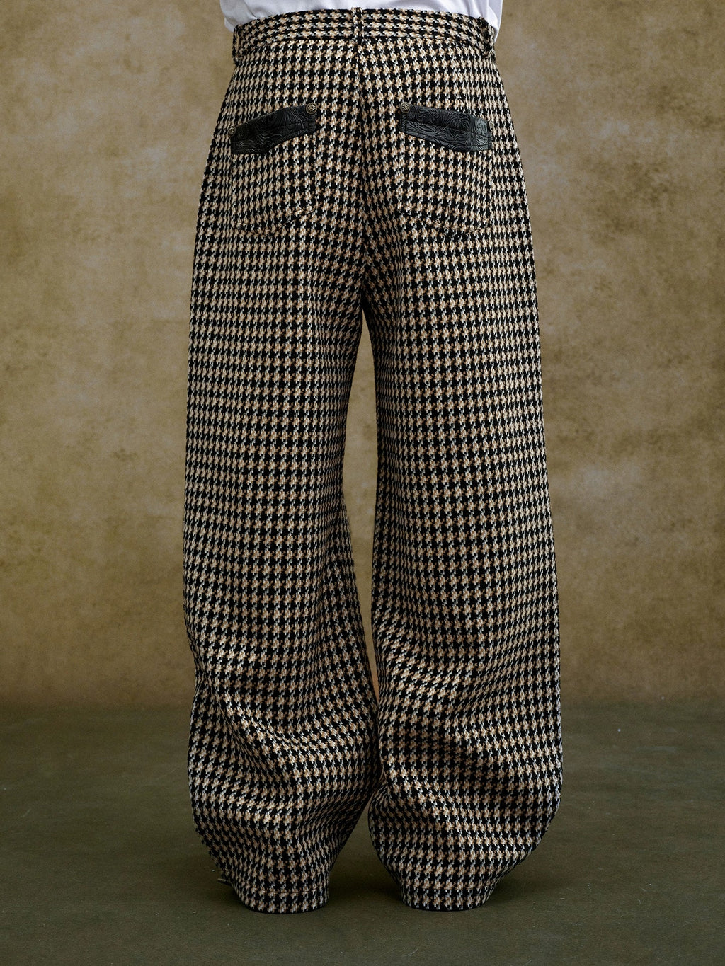 YADcrew Houndstooth Patchwork Leather Pants