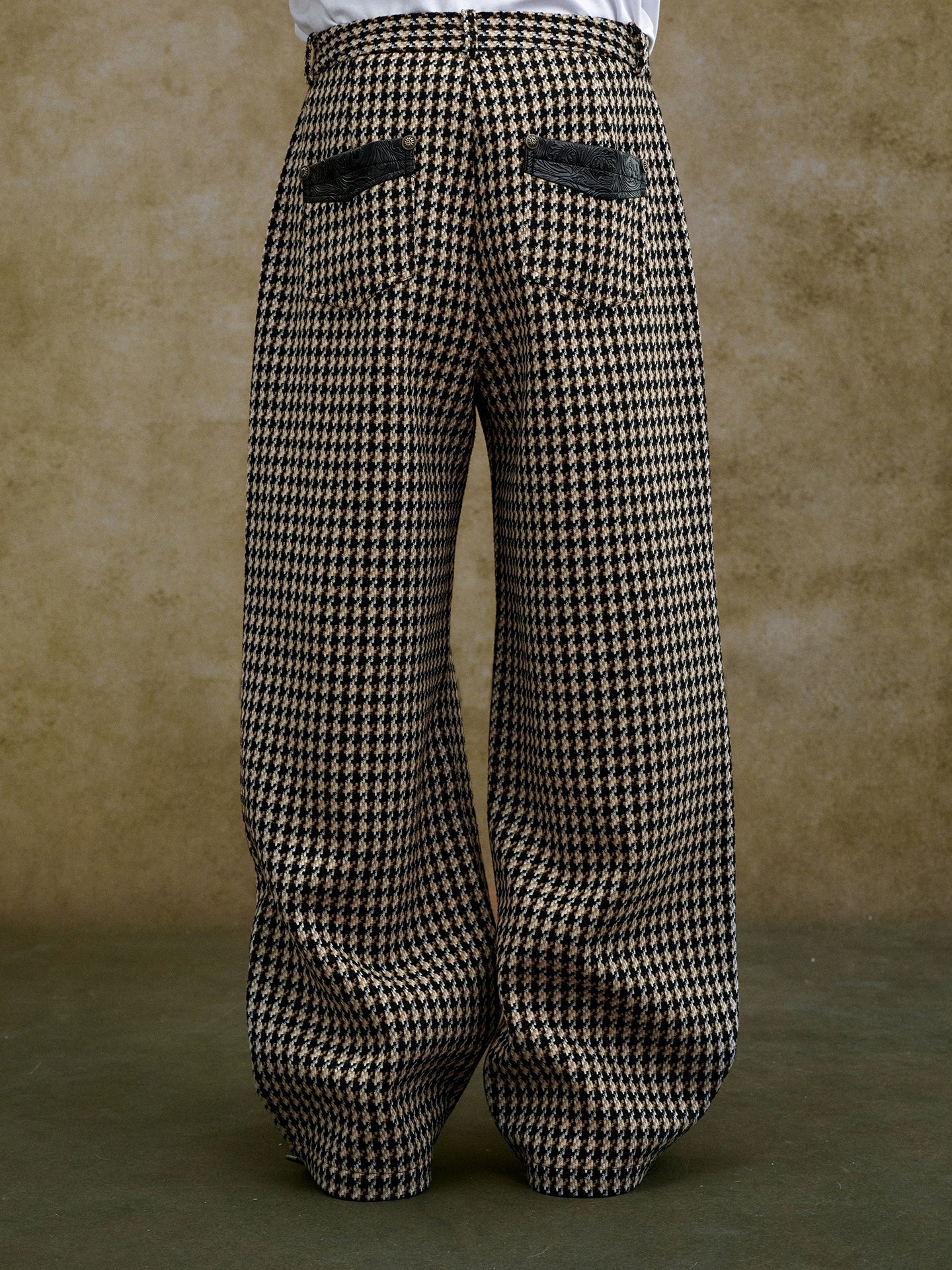 YADcrew Houndstooth Patchwork Leather Pants