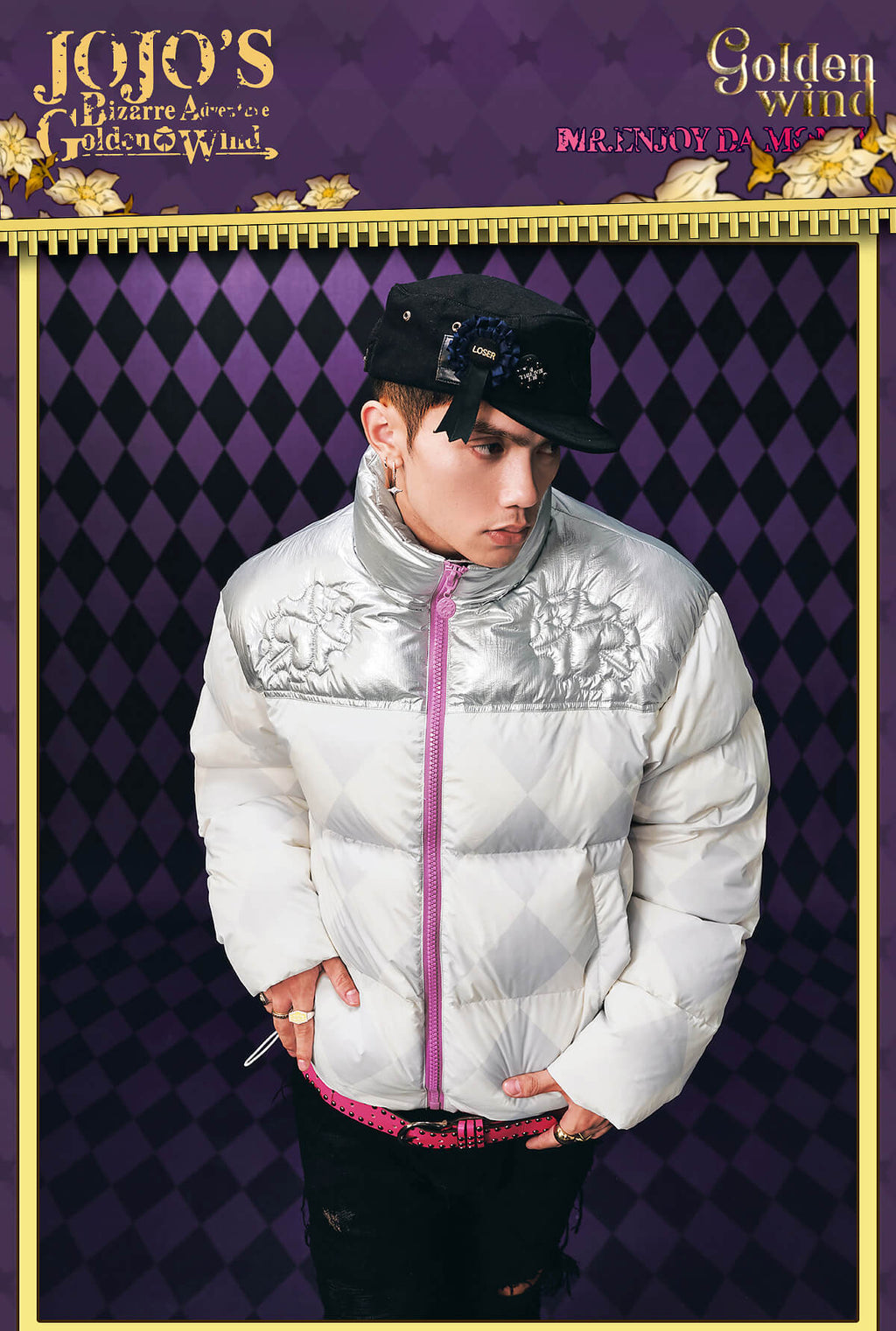 MEDM × JOJO Color Block Diamond Plaid Down Jacket