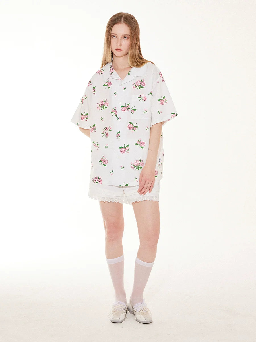 EMPTY REFERENCE Rose Floral Print Short Sleeve Shirt