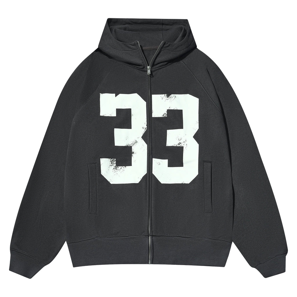 JUST VIBE Number 33 Vintage Print Zip Up Hoodie