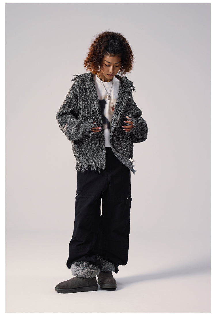 Remedy Distressed Hooded Zipper Knit Cardigan