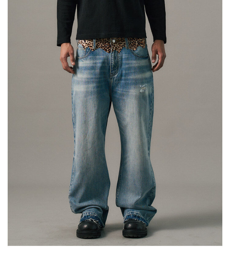 S45 Leopard Patchwork Washed Flared Jeans