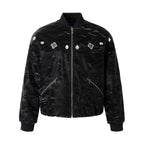 YADcrew Velvet PU Leather Pearl Jewelry Bomber Jacket