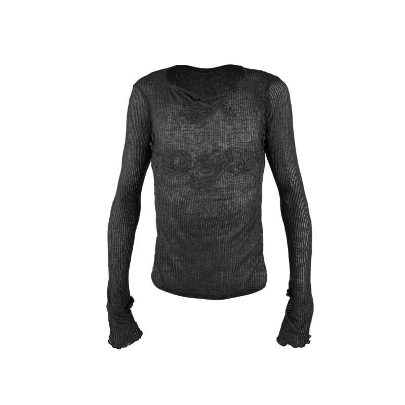 Night Lab Skeleton Embroidered Semi Sheer Slim Fit Long Sleeve Tee