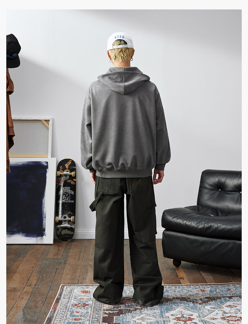 MEDM Suede Logo Patch Zip-Up Hoodie