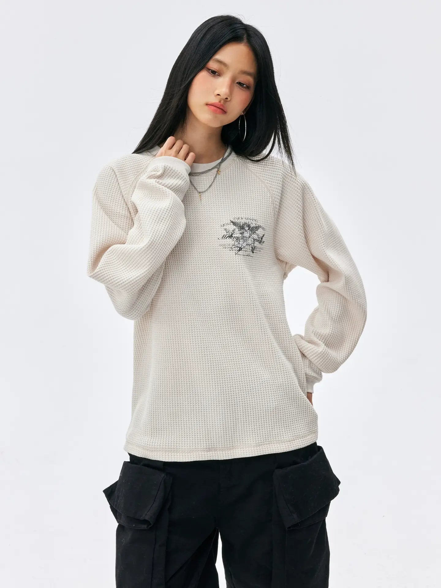 MEDM Angel Print Waffle Long Sleeve Tee