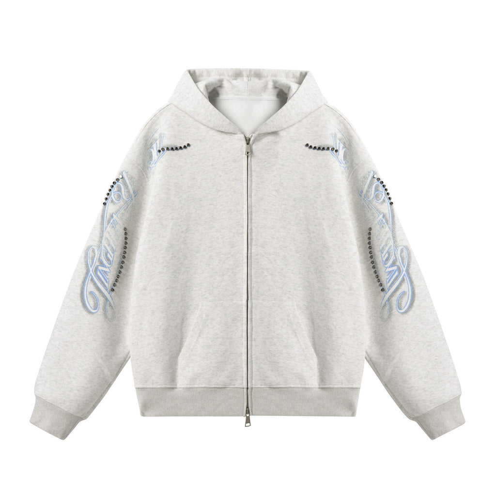 JHYQ Studded Calligraphy Print Double Zipper Hoodie