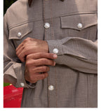 S45 Plaid Pearl Button Leather Lapel Short Jacket