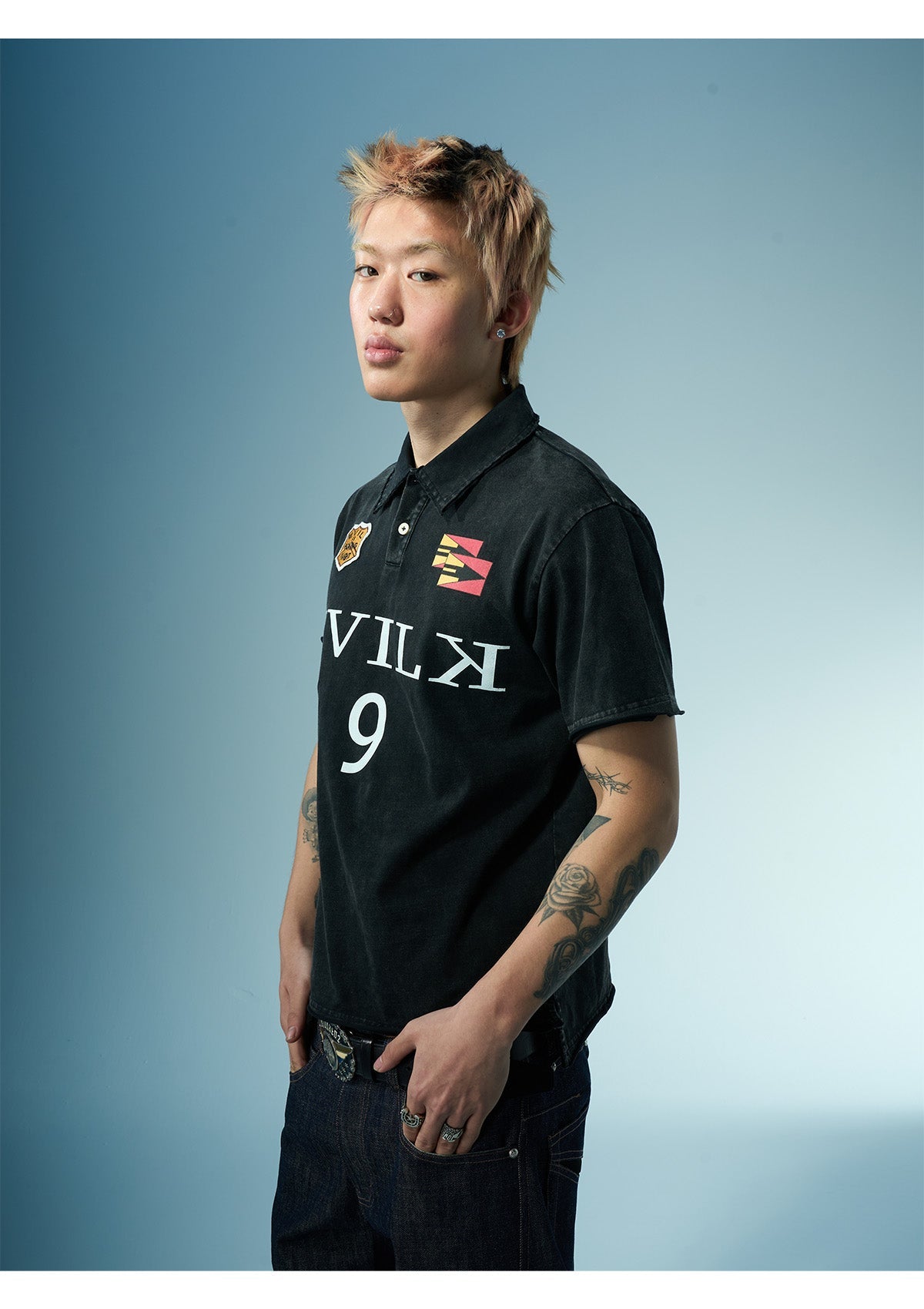 EVILKNIGHT(EK) Embroidered and Logo Printed Washed Polo