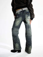 Night Lab Studded Button Fly Whisker Washed Jeans