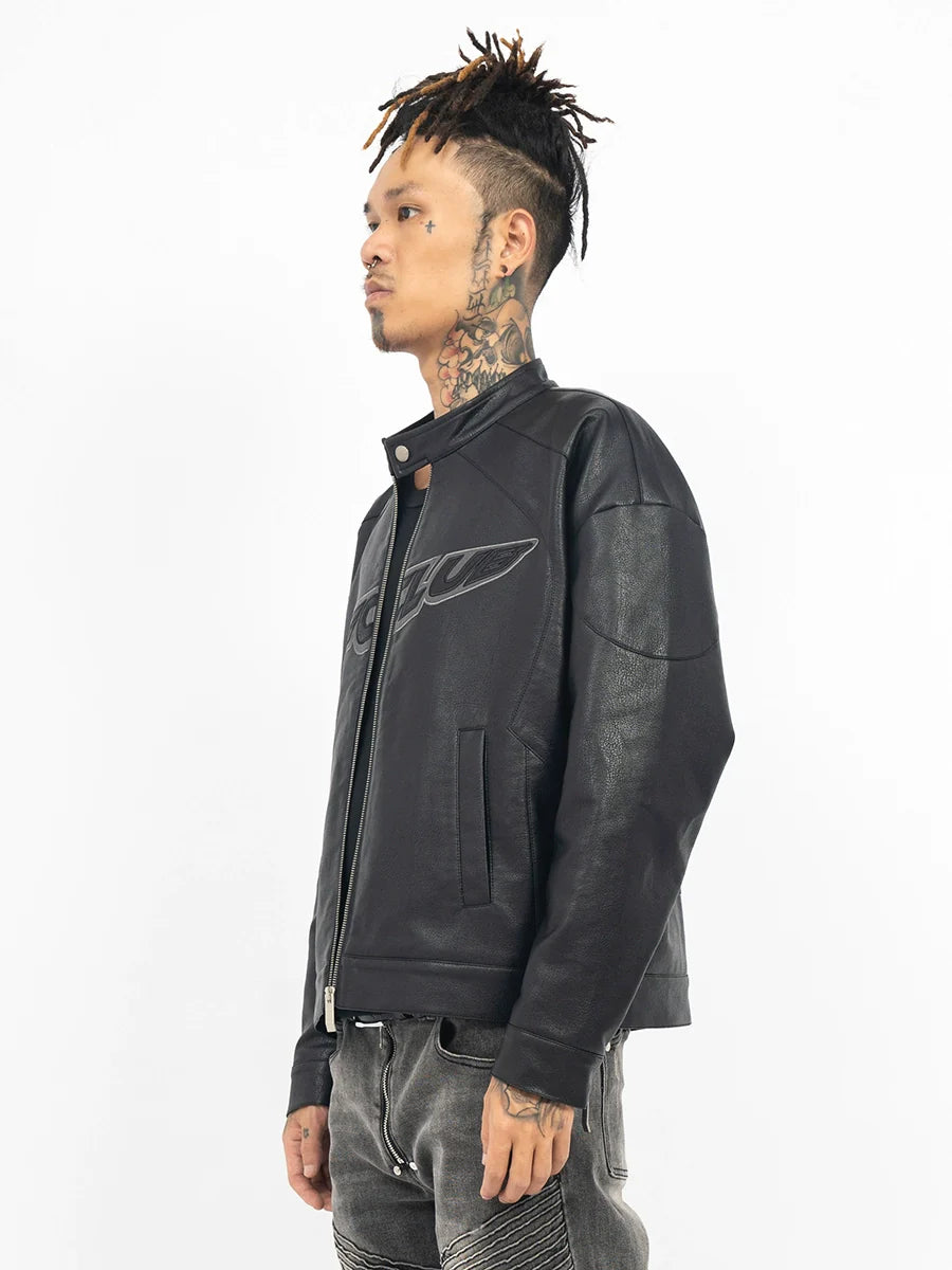 TGFCLUB Logo Embroidered Racing Leather Jacket