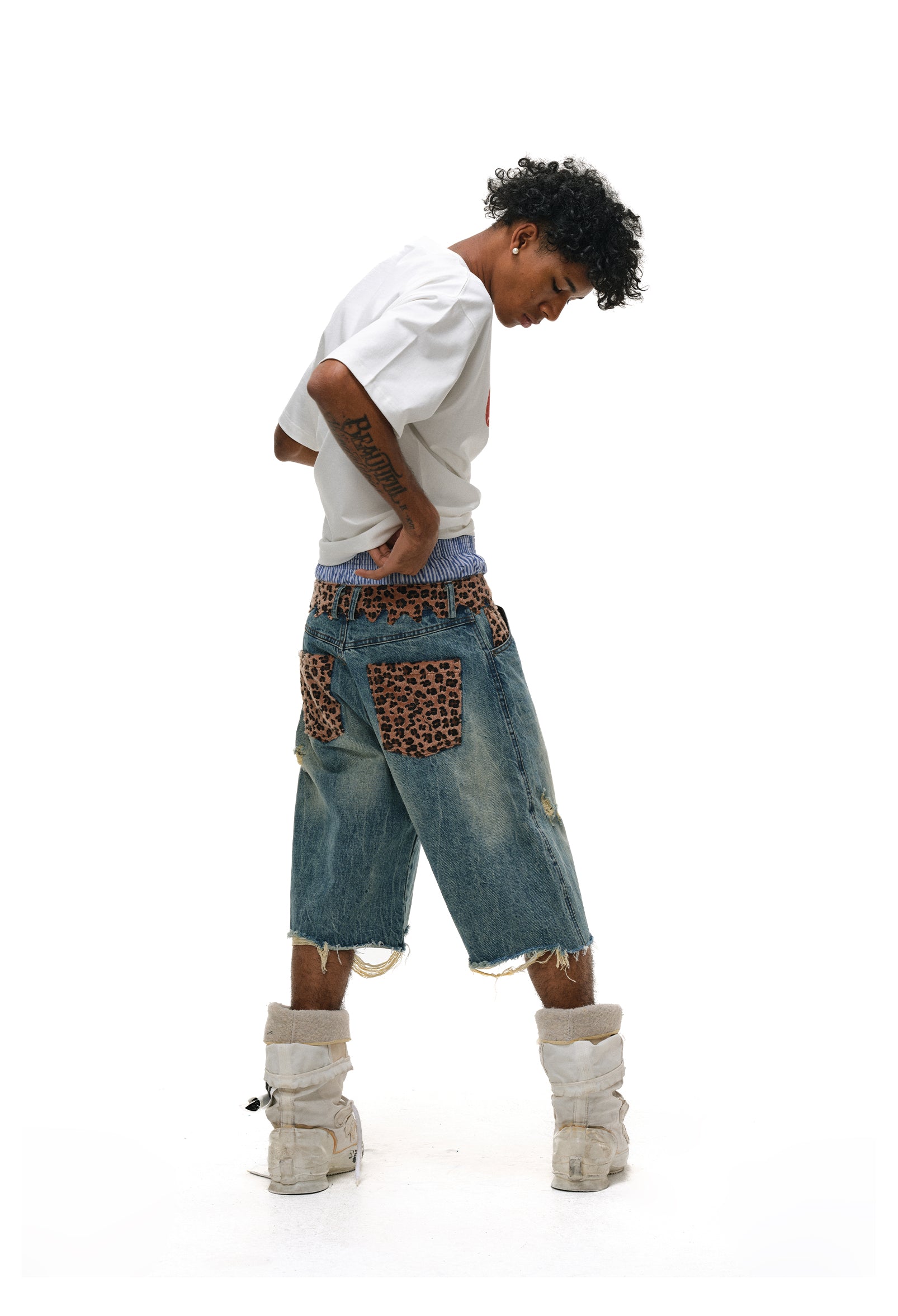ANTIDOTE Leopard Patchwork Denim Shorts