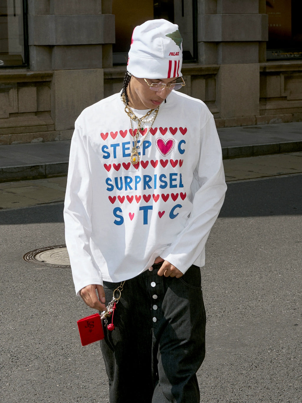 STEEPC Hand Stitched Heart Print Long Sleeve Tee
