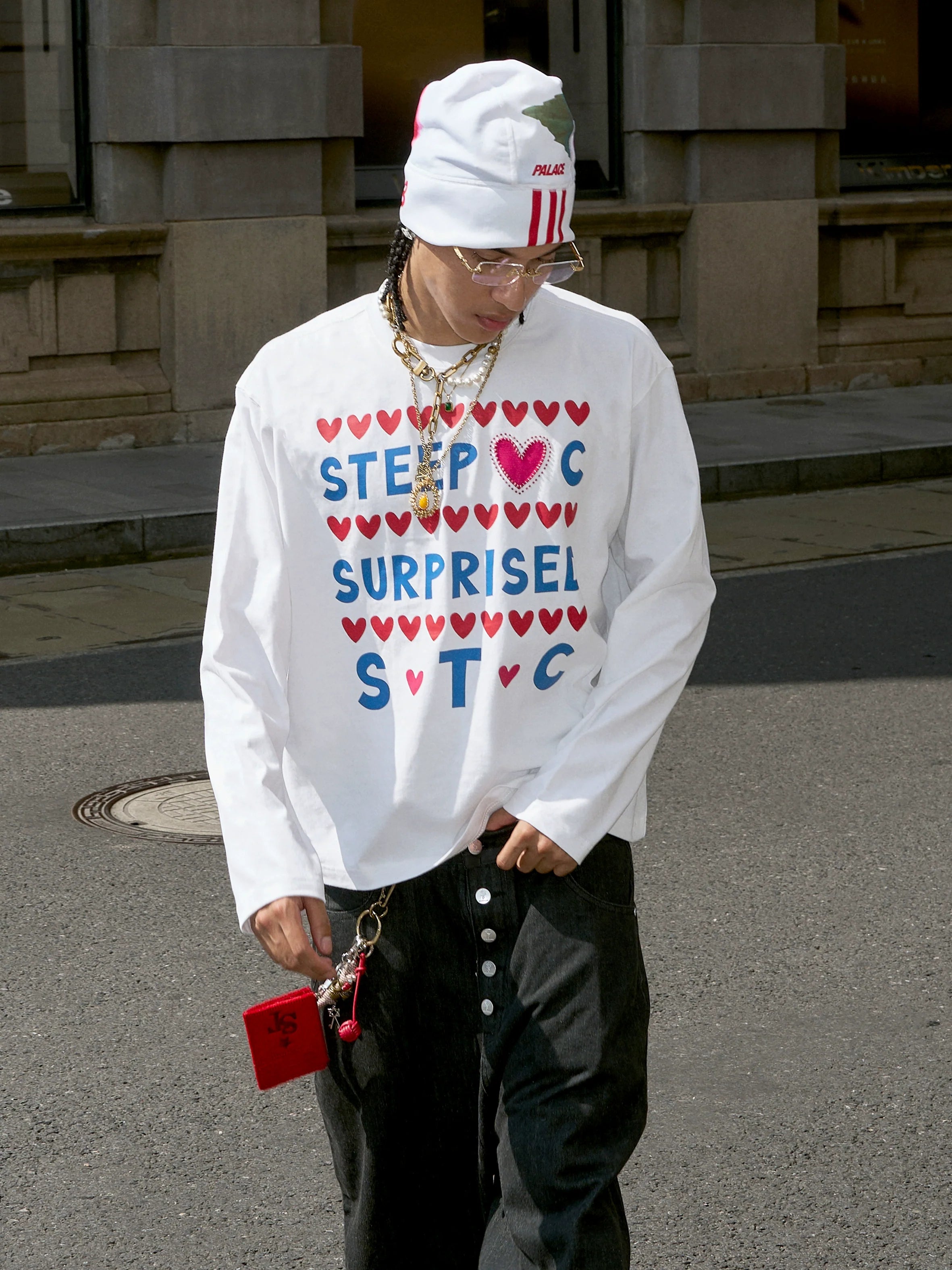 STEEPC Hand Stitched Heart Print Long Sleeve Tee