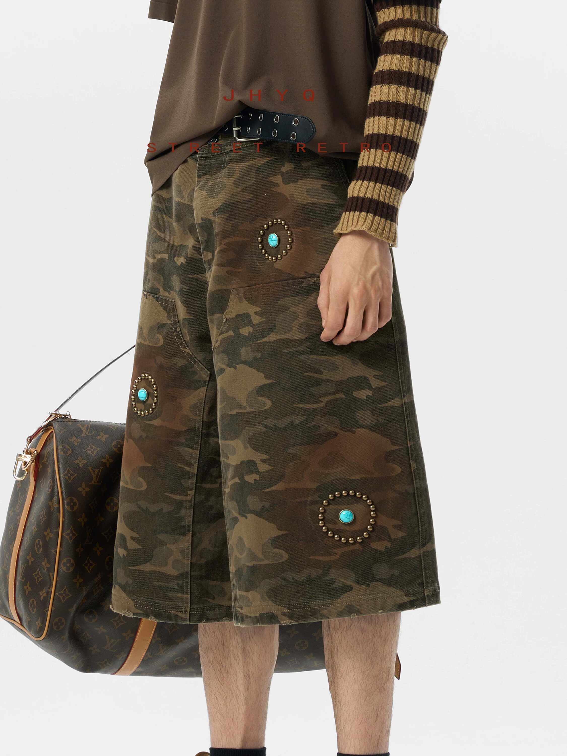 JHYQ Washed Camouflage Turquoise Studded Shorts