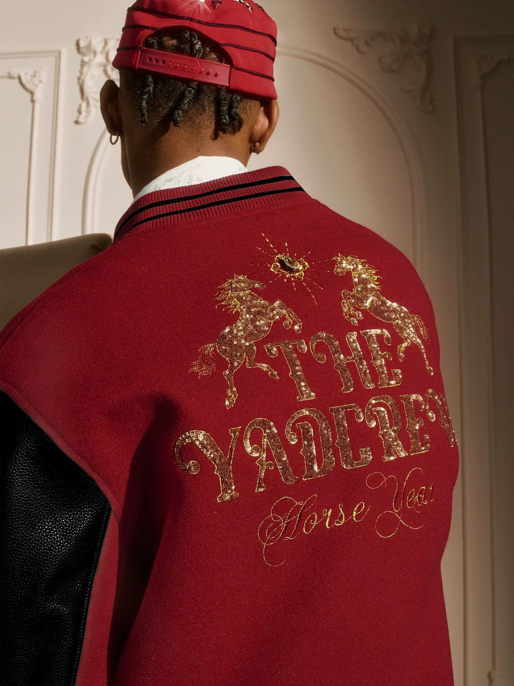 YADcrew Horse Sequin Pearl Embroidered Varsity Jacket