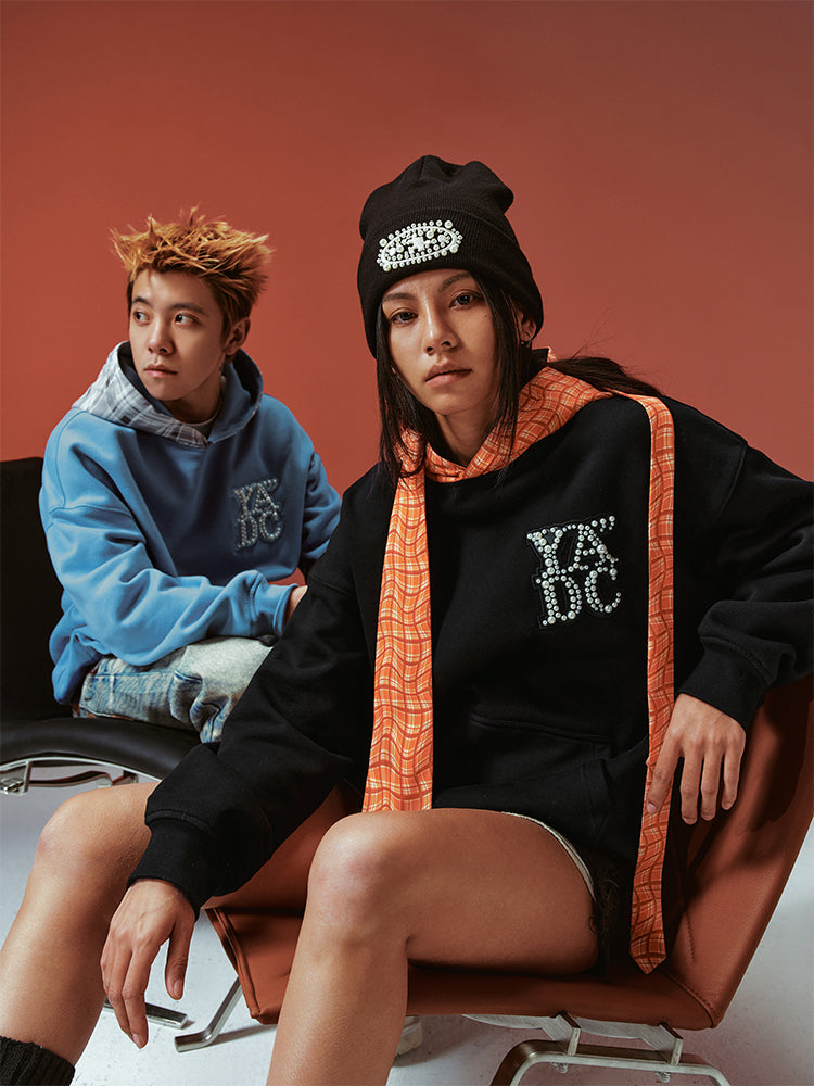 YADcrew Twisted Plaid Hood Pearl Leather Logo Hoodie