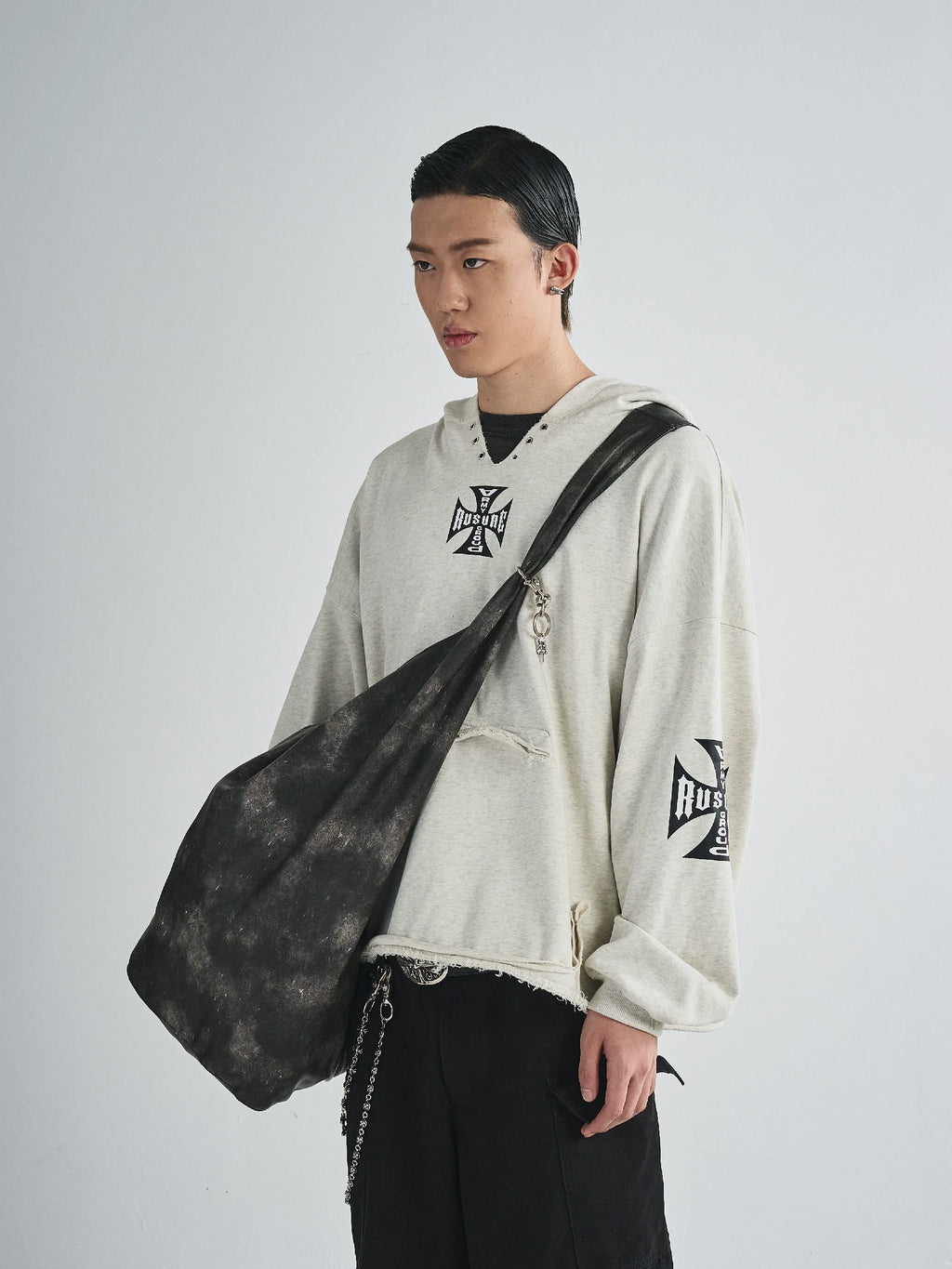 RUSURE V Neck Cross Logo Destruction Hoodie