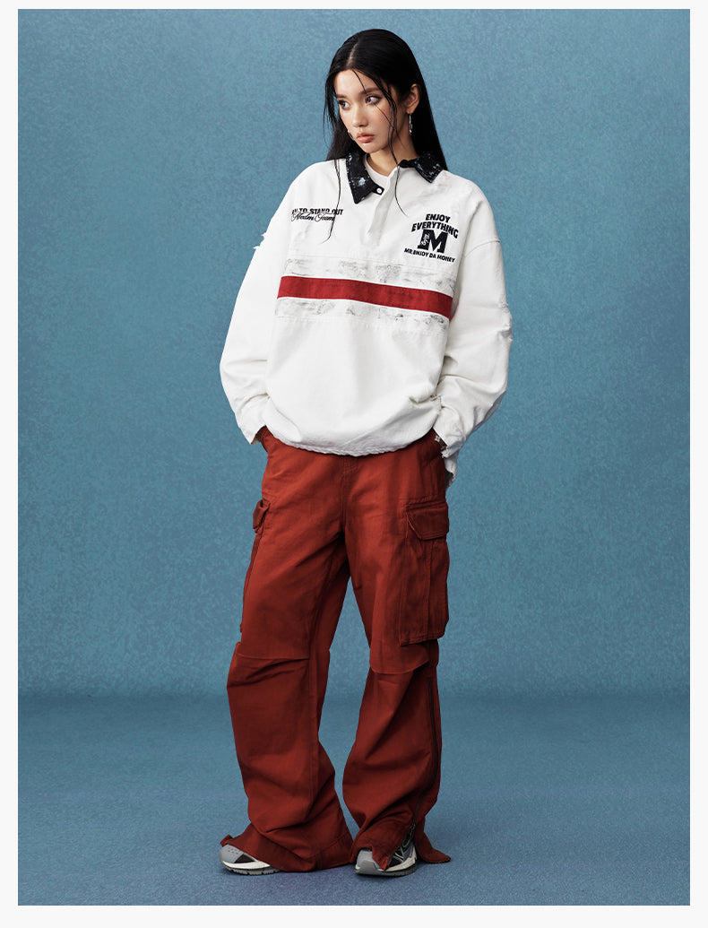 MEDM Asymmetric Collar Stripes Long Sleeve Polo