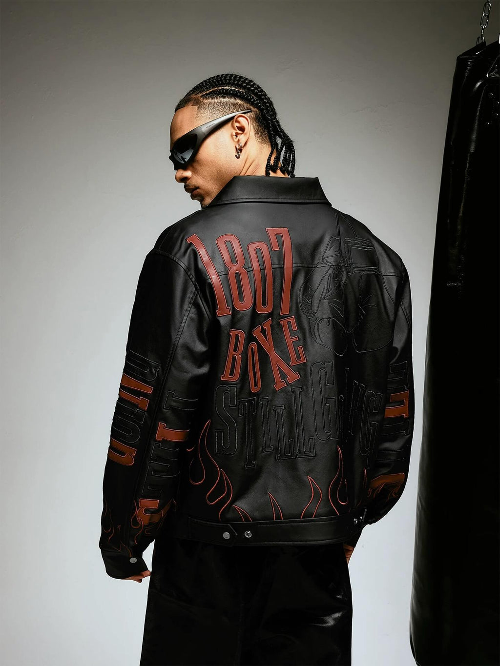 1807 Embroidered Patch PU Leather Racing Jacket