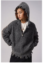 Remedy Distressed Hooded Zipper Knit Cardigan