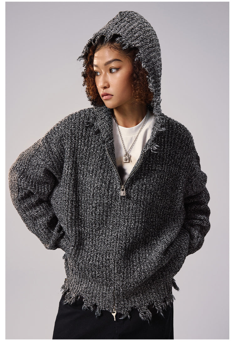 Remedy Distressed Hooded Zipper Knit Cardigan