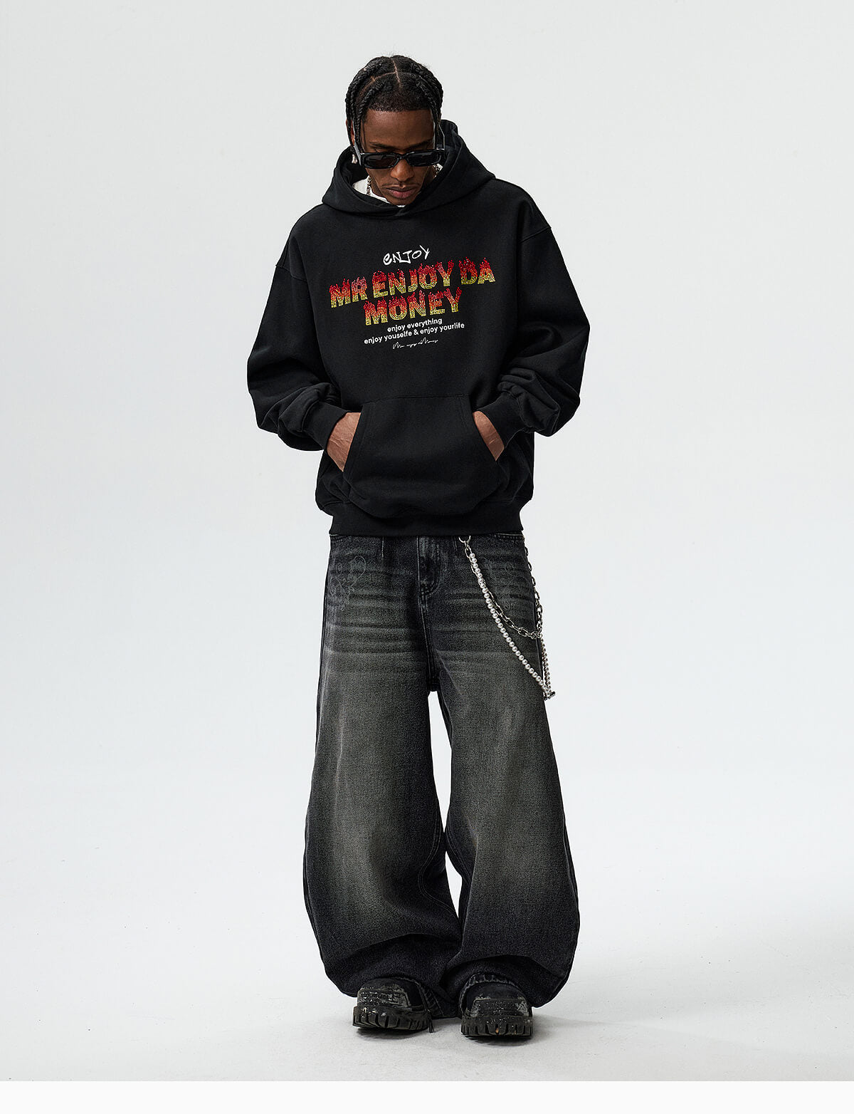 MEDM Flame Rhinestone Embellished Hoodie