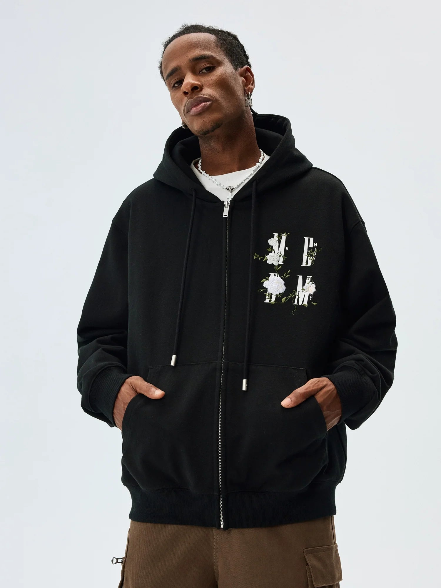 MEDM Flower Logo Embroidered Zip-Up Hoodie