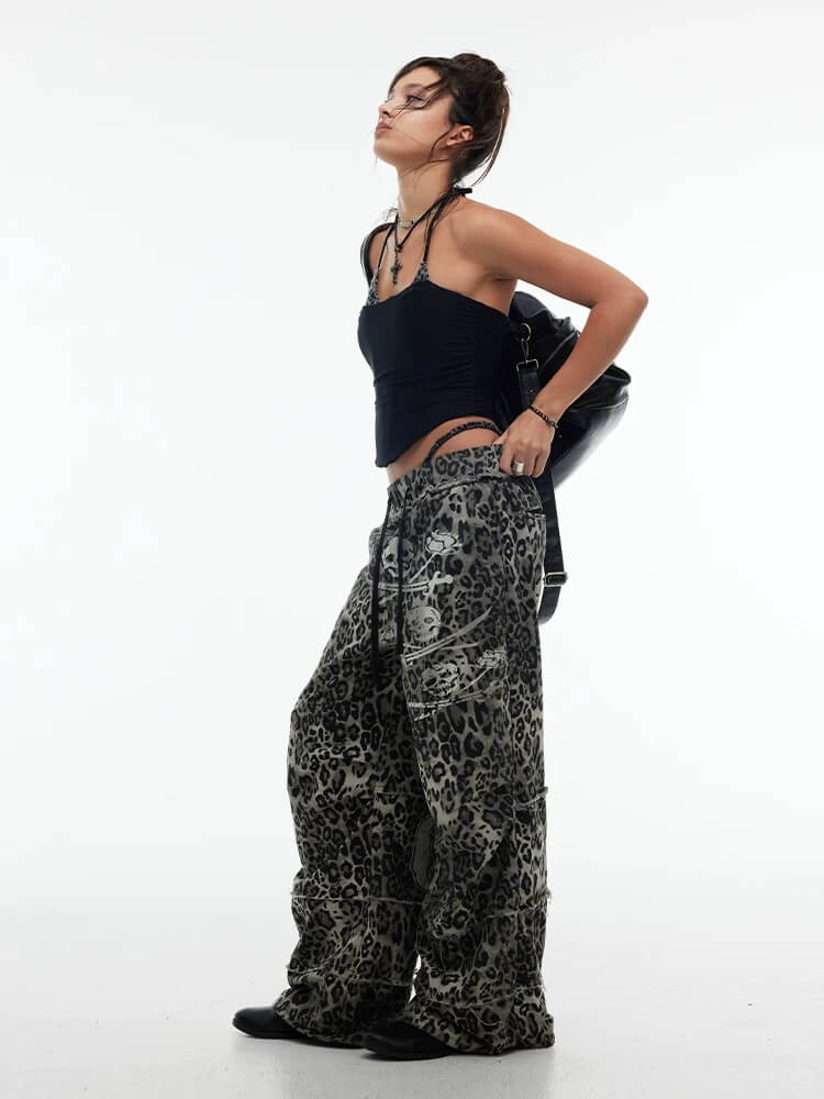 Night Lab Skull Pirate Leopard Printed Distressed Pants
