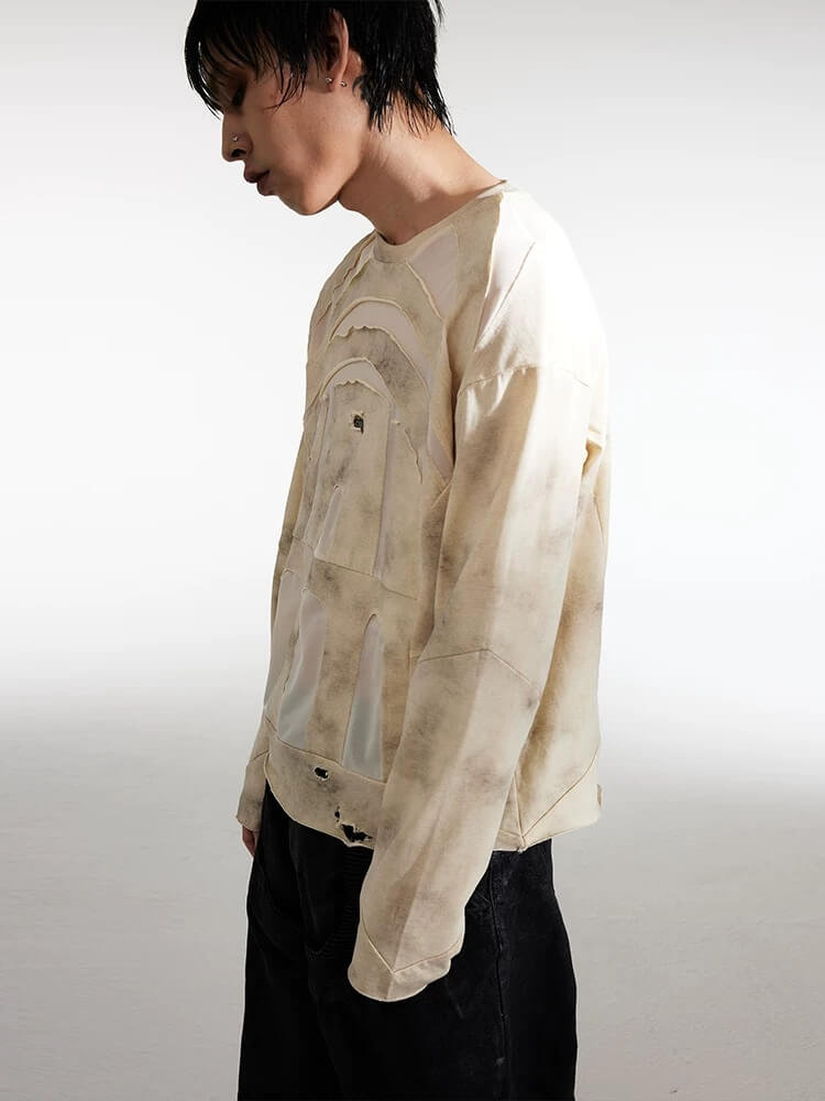Night Lab Church Patchwork Sheer Distressed Long Sleeve Tee