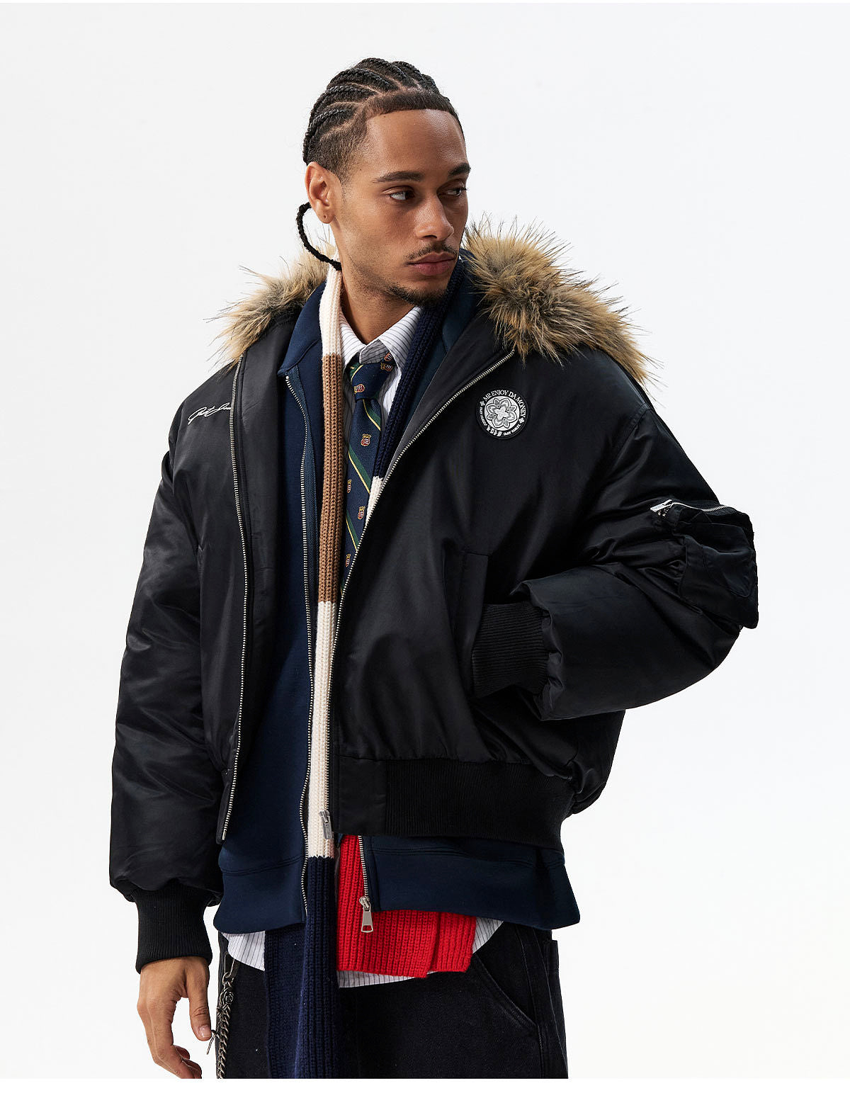 MEDM Silicone Logo Patch Fur Hooded Bomber Jacket