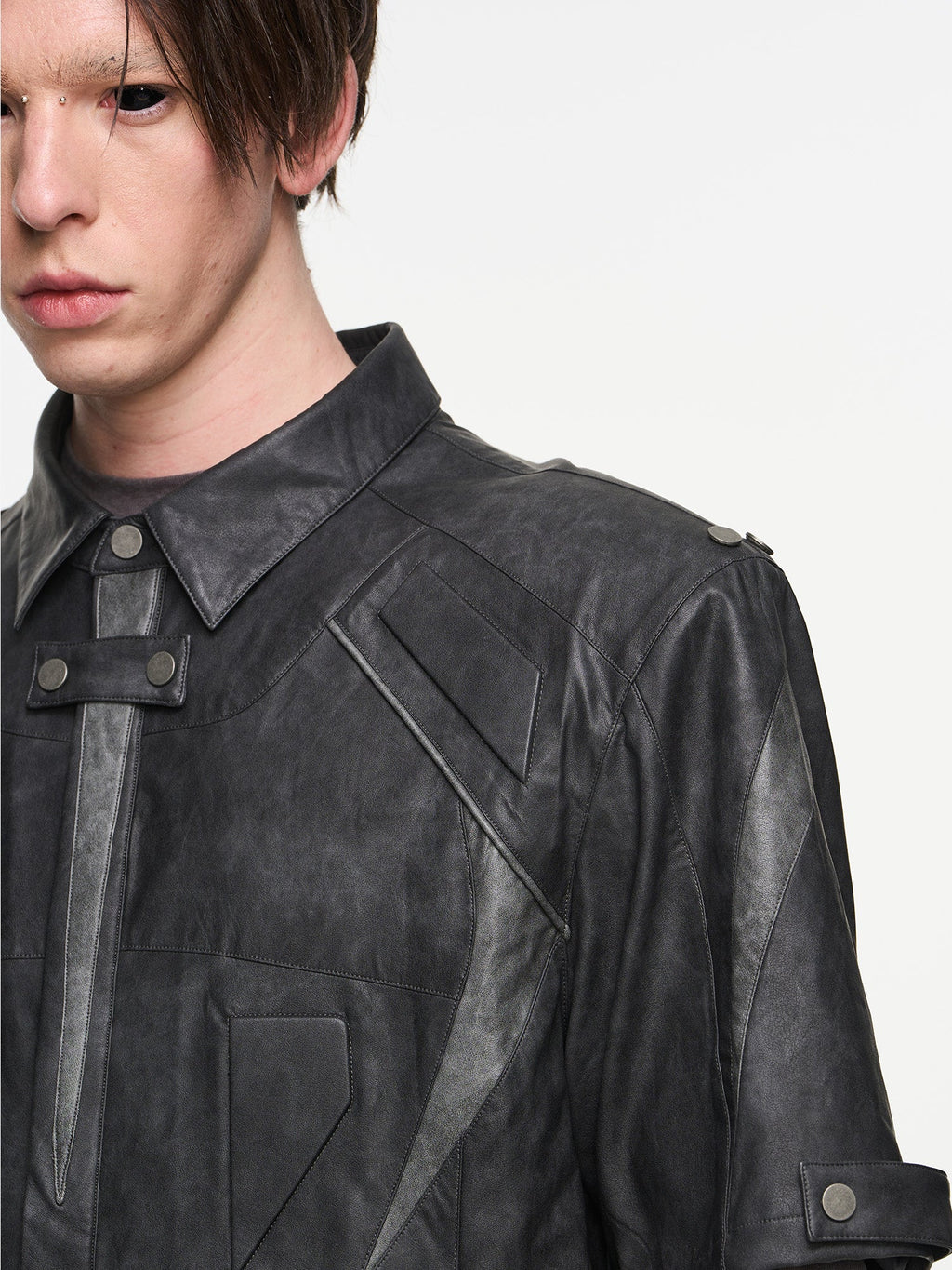 BLIND NO PLAN Patchwork Leather Biker Short Sleeve Shirt