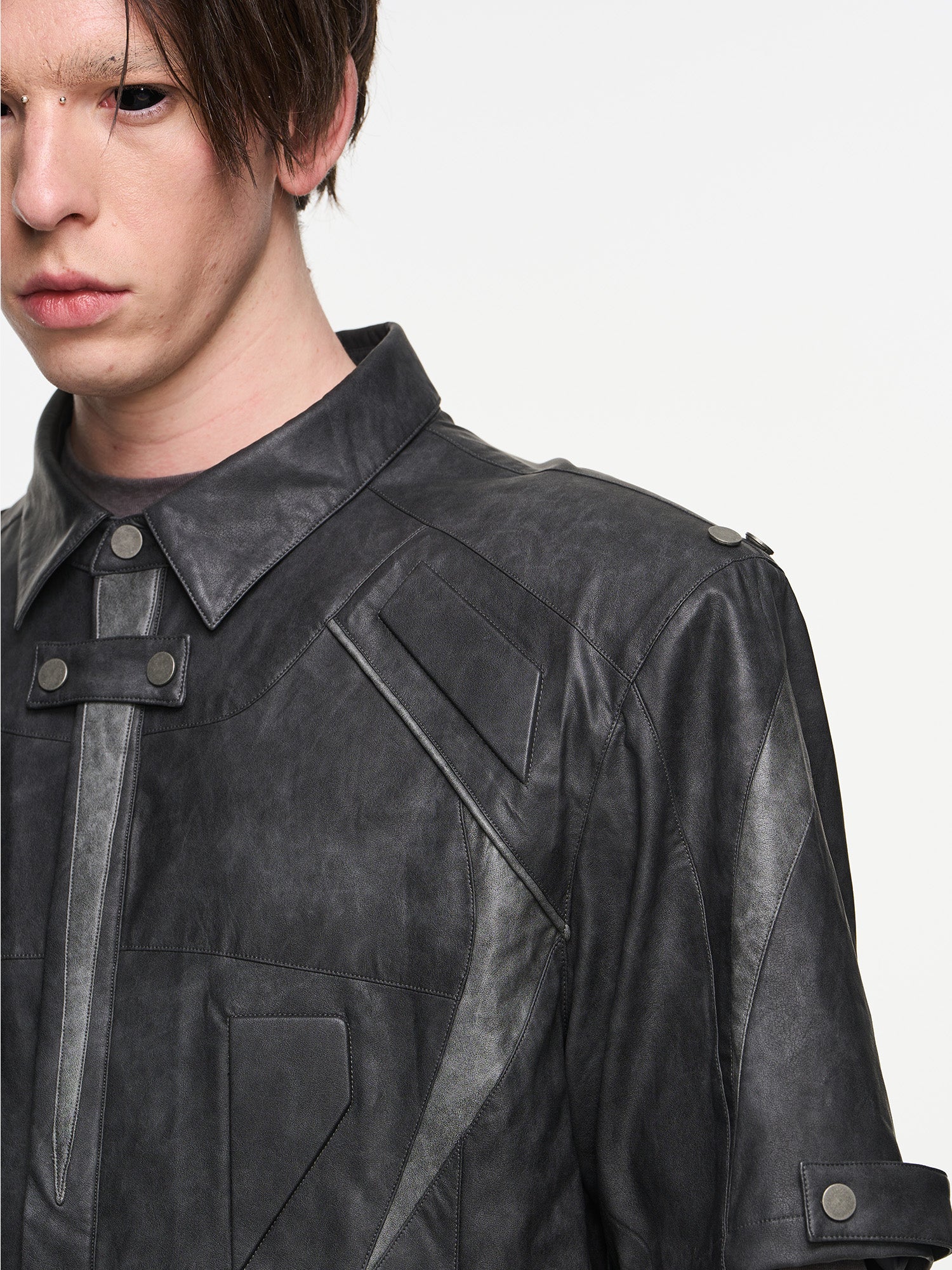 BLIND NO PLAN Patchwork Leather Biker Short Sleeve Shirt