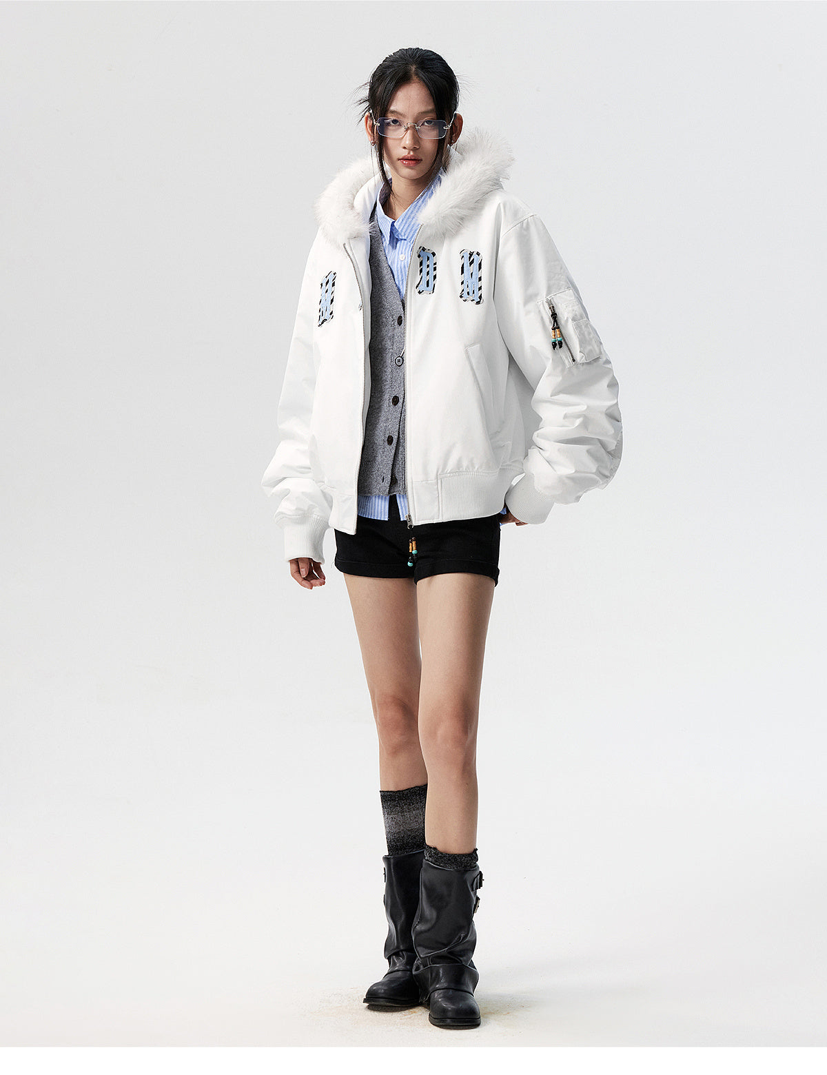 MEDM Animal Logo Patch Fur Hooded Bomber Jacket