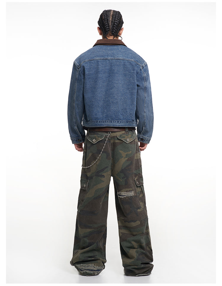 F3F Select Suede Lapel Washed Denim Jacket