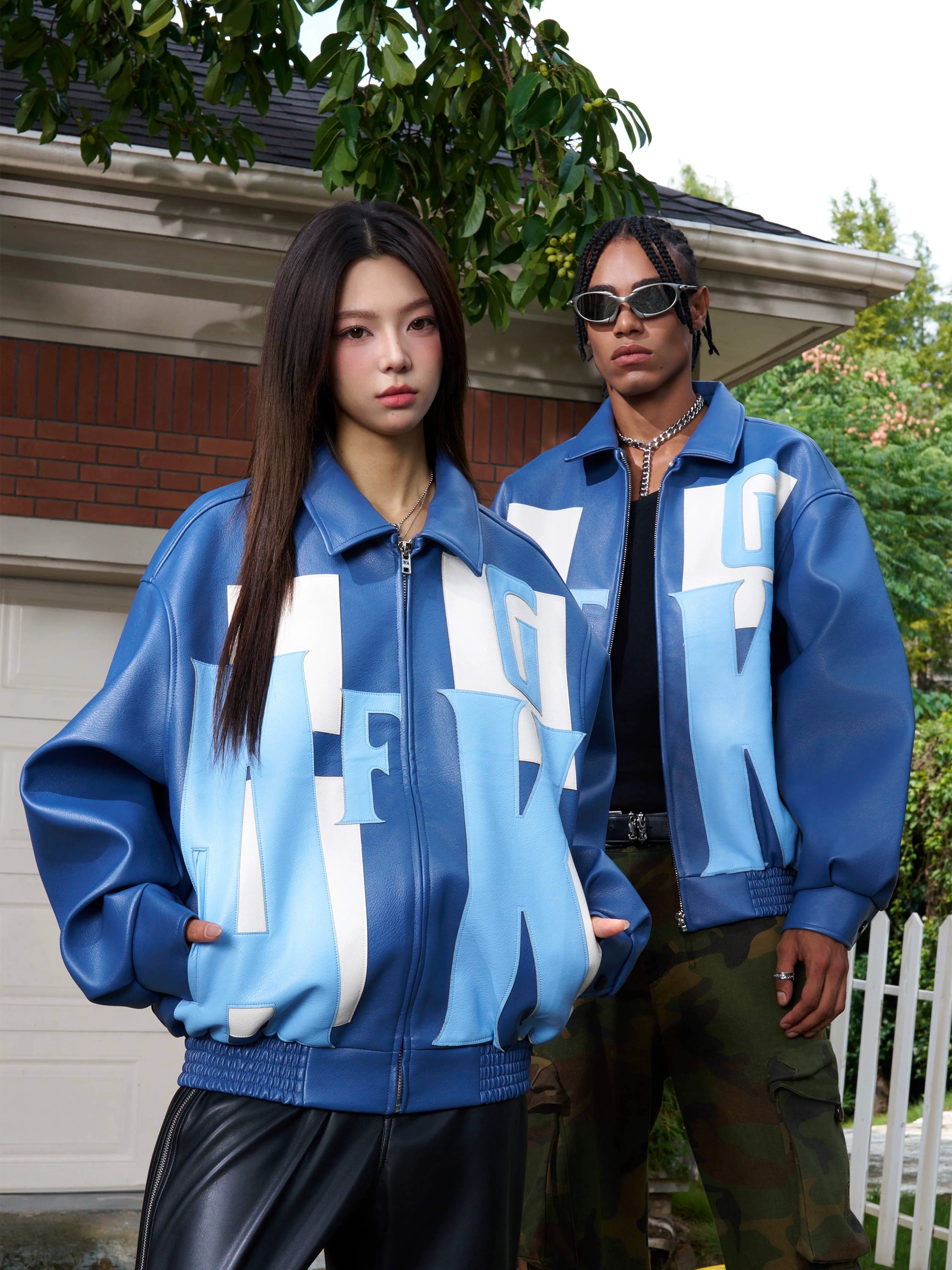 AFGK Large Logo Color Block Racing Leather Jacket