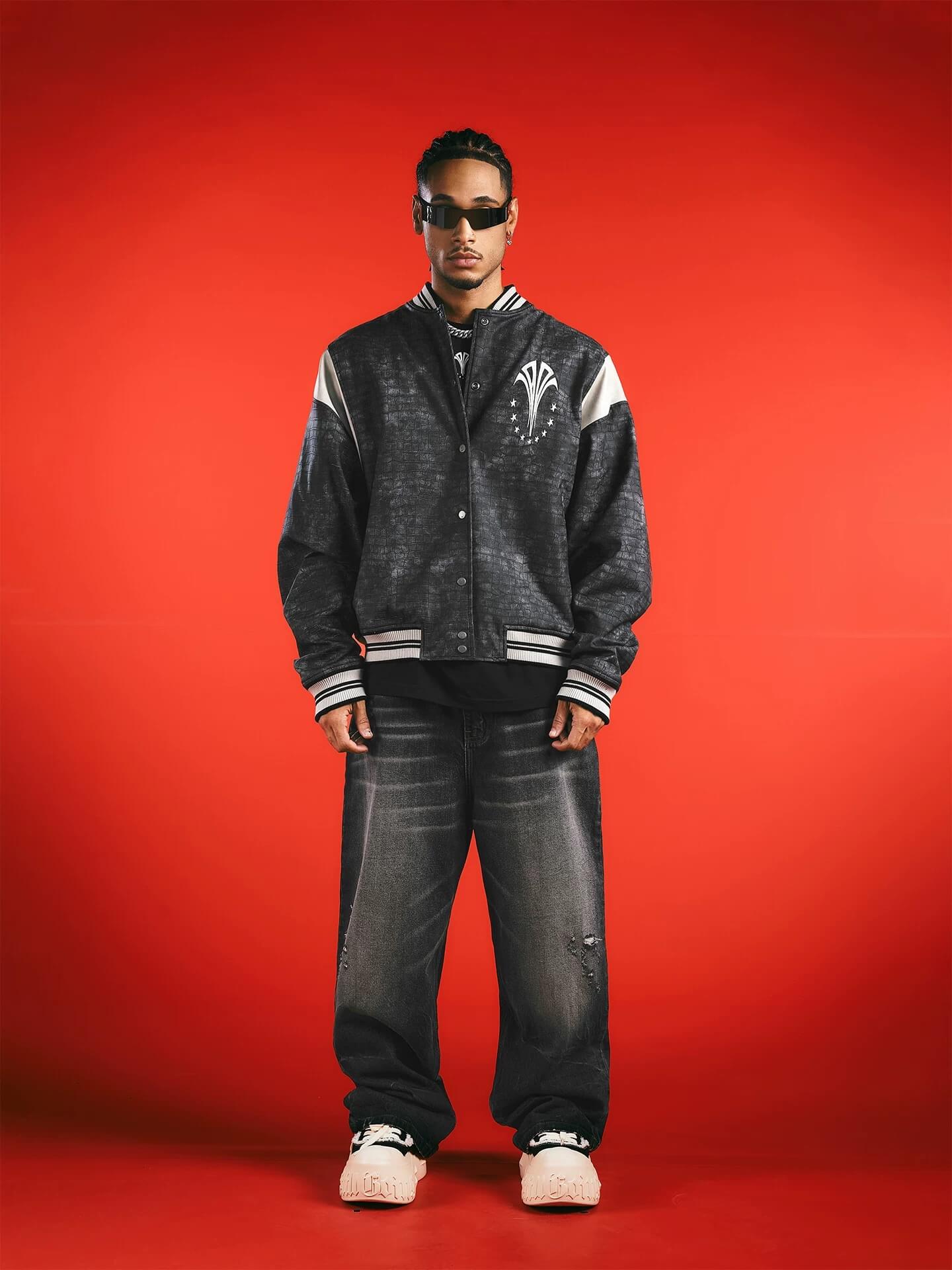 1807 In Here Crocodile PU Leather Varsity Jacket