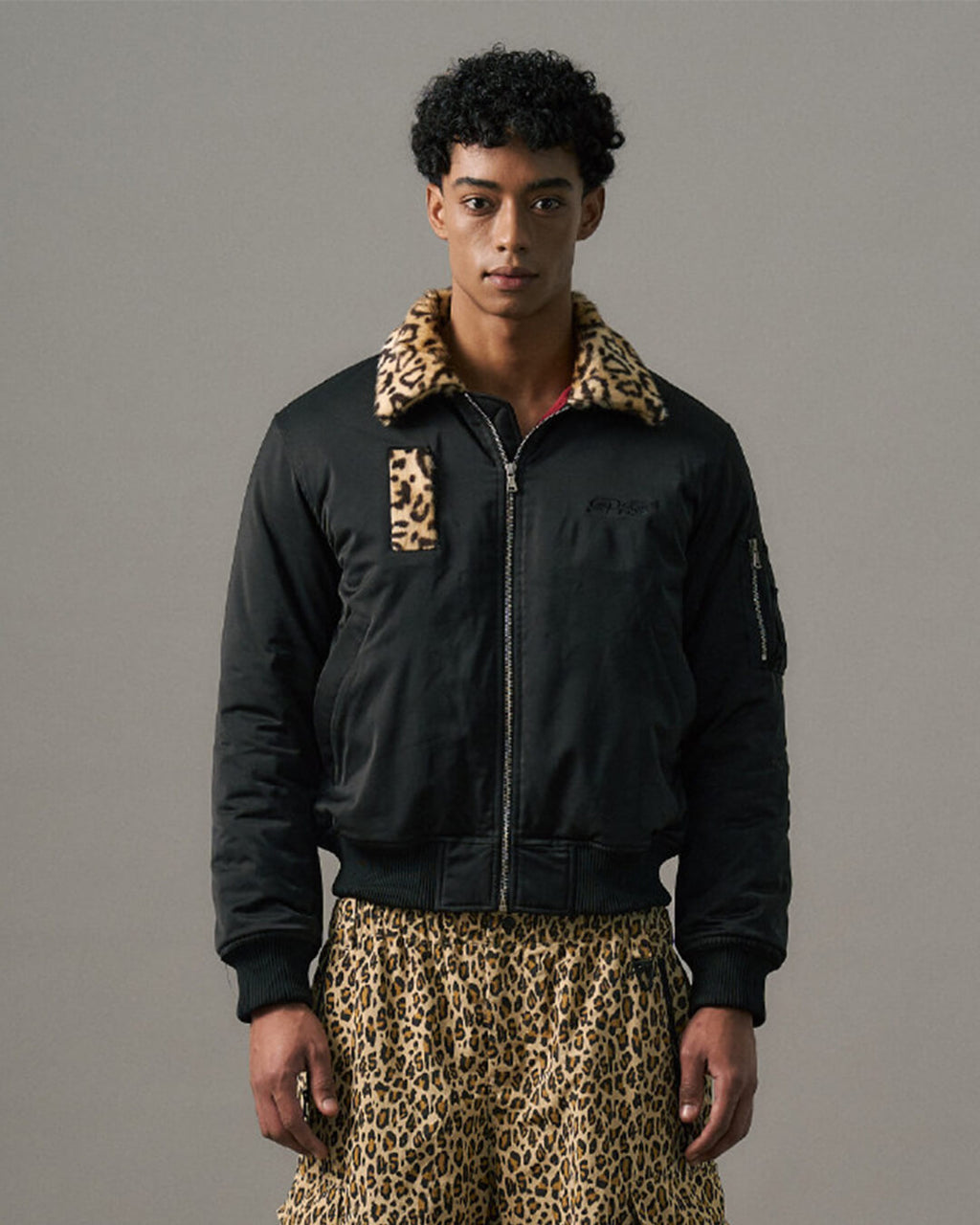 S45 Leopard Trim Patchwork MA-1 Bomber Jacket