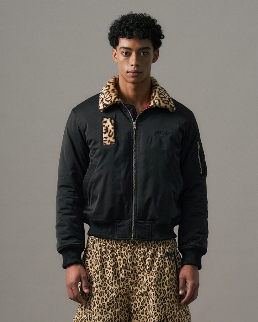 S45 Leopard Trim Patchwork MA-1 Bomber Jacket