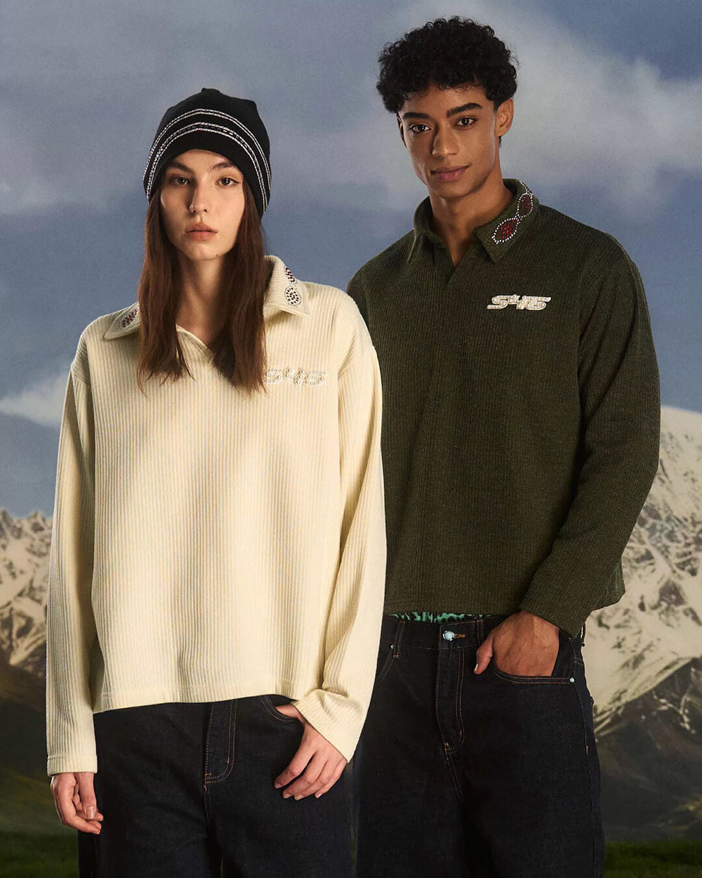 S45 Pearl and Rhinestone Long Sleeve Polo