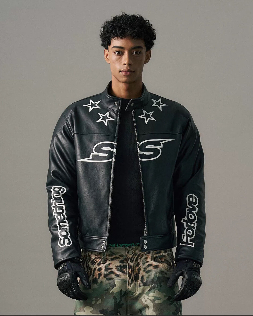 S45 Star Print PU Leather Leopard Lined Biker Jacket