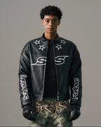 S45 Star Print PU Leather Leopard Lined Biker Jacket