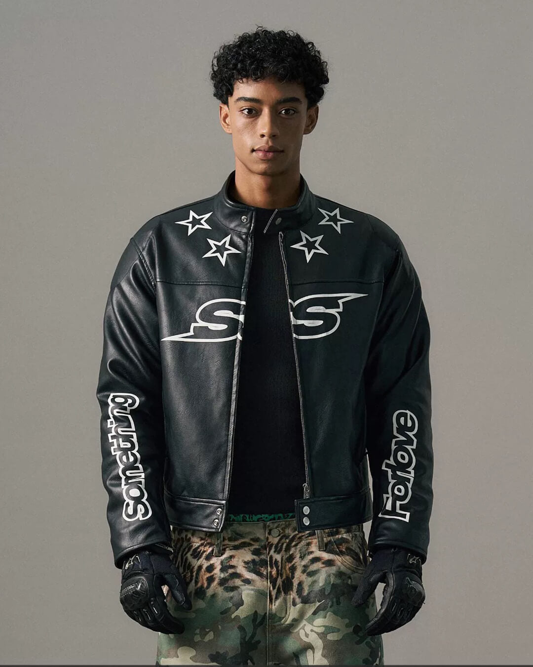 S45 Star Print PU Leather Leopard Lined Biker Jacket