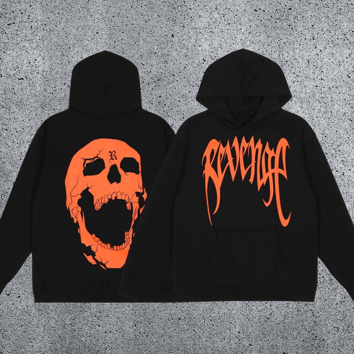 REVENGE Orange Skull Graphic Pullover Hoodie