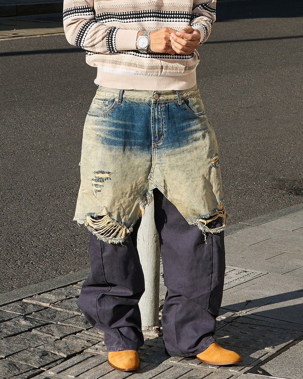 STEEPC Layered Design Washed Distressed Baggy Jeans