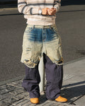 STEEPC Layered Design Washed Distressed Baggy Jeans