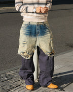 STEEPC Layered Design Washed Distressed Baggy Jeans