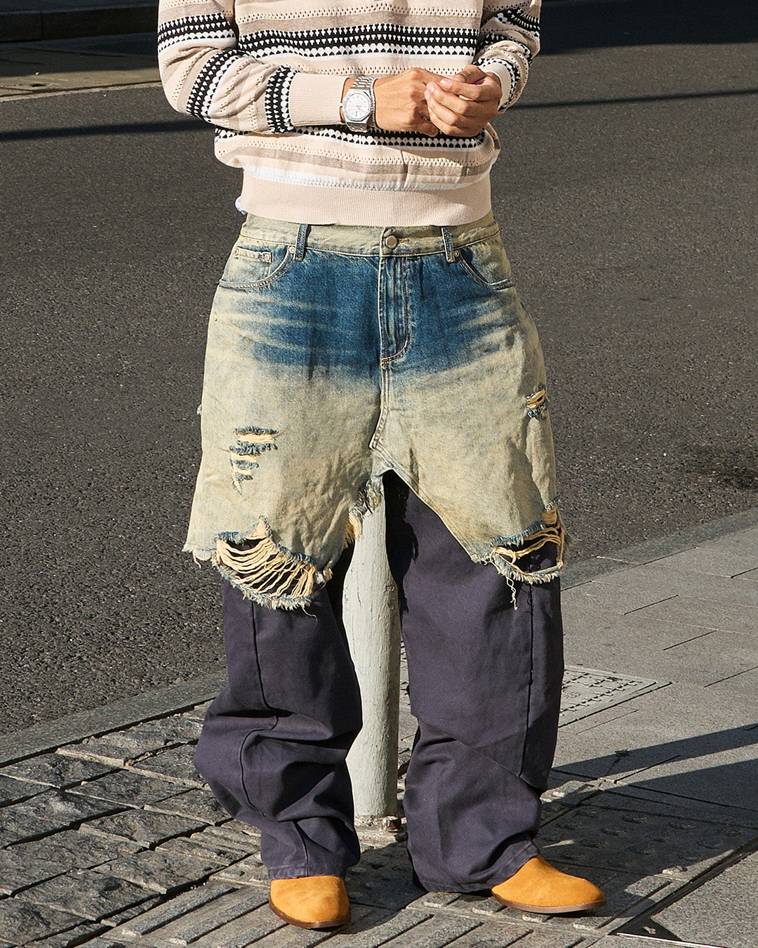 STEEPC Layered Design Washed Distressed Baggy Jeans